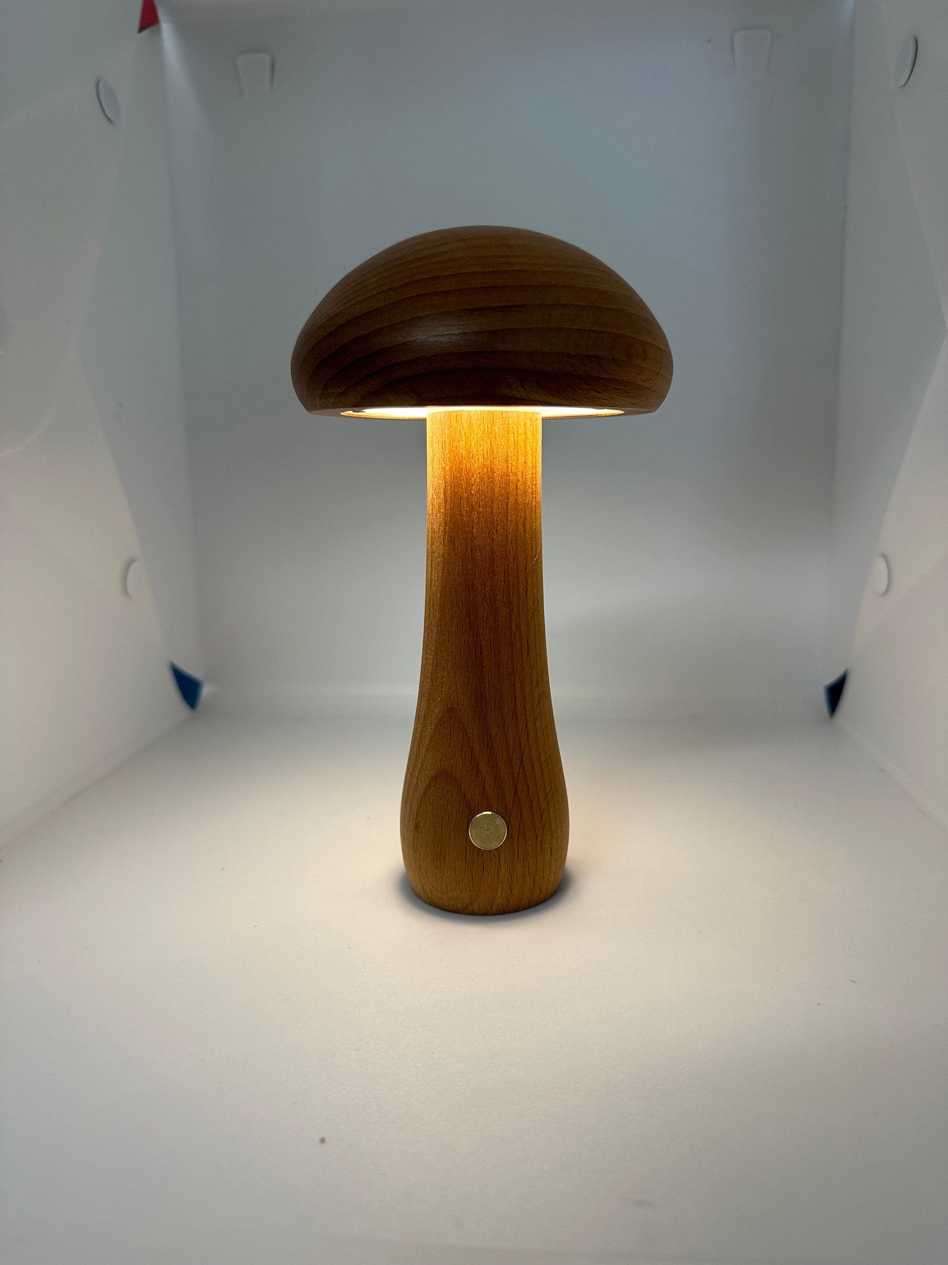Wood Mushroom Lamp White Lights Dimmable and Rechargeable