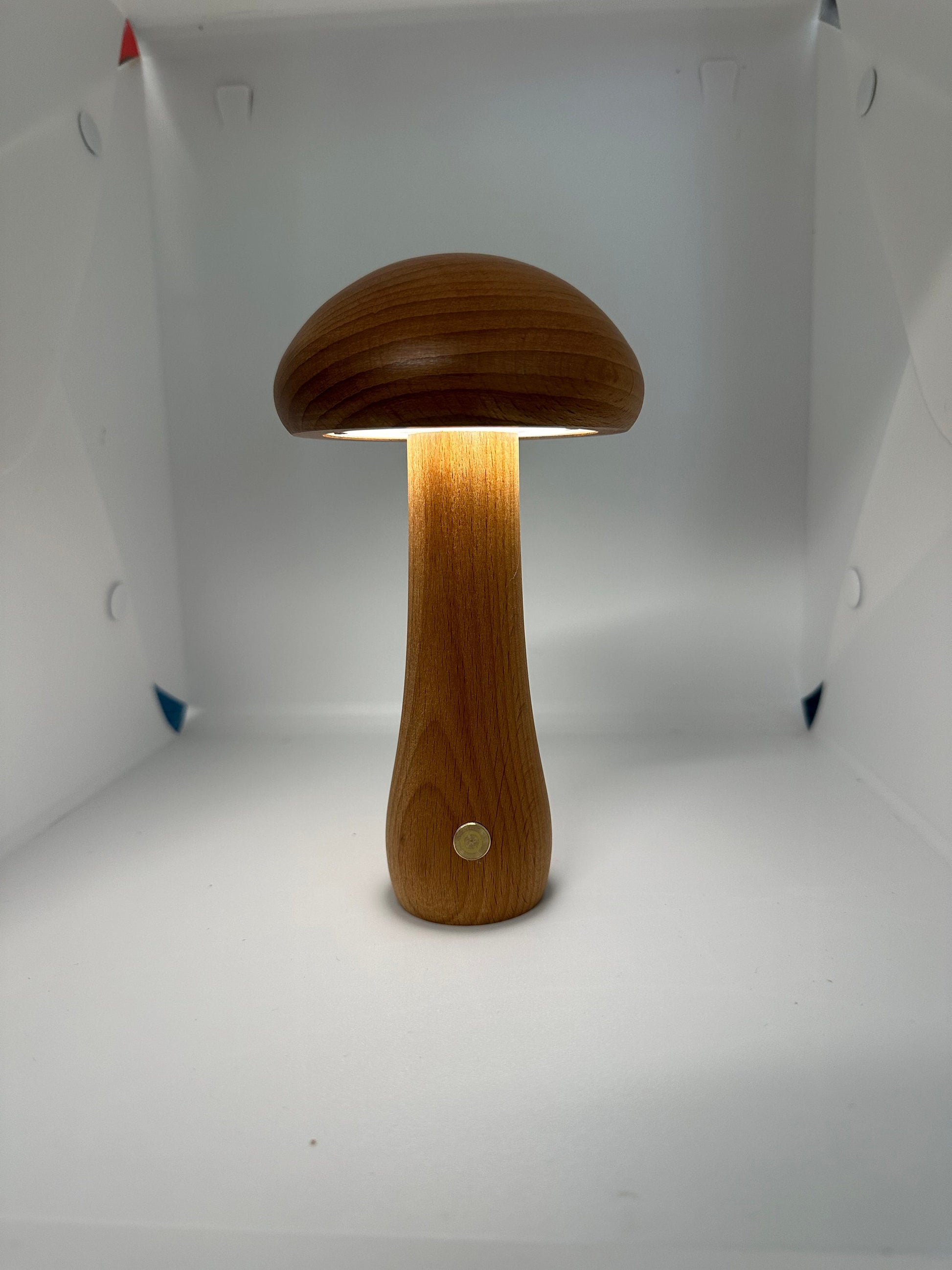 Wood Mushroom Lamp White Lights Dimmable and Rechargeable